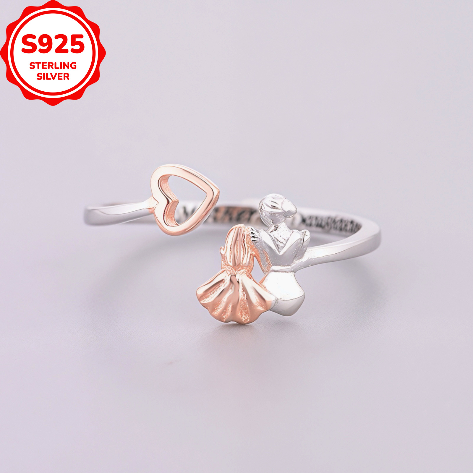 Women's 925 Sterling Silver Romantic Mother & Daughter Heart-Shaped Ring